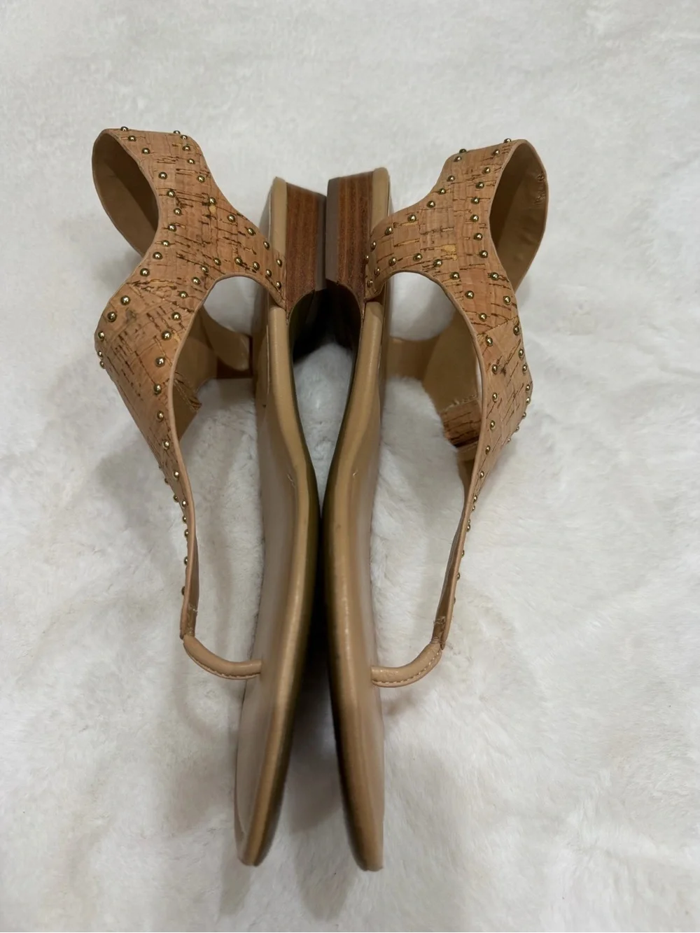 Vaneli Tan Cork T-Strap Studded Sandals Size 10